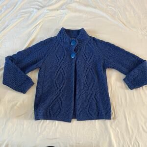 Inis Crafts Blue Merino Wool Cardigan Sweater Wmns M Cottagecore Cable Knit